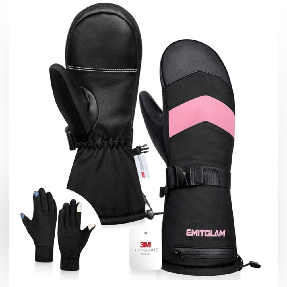 NWT 2 in 1 Winter Ski Mittens for Men & Women with Fleece Liners, Waterproof